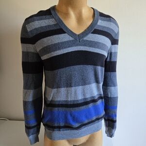 BOSS Lambswoool Striped V-Neck Sweater - Black, Gray, and Blue